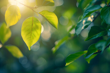 Close up of nature view green leaf on blurred greenery background under sunlight with bokeh and copy space using as background natural plants landscape, ecology wallpaper or cover