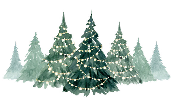Fir trees in a row decorated with lights garlands watercolor illustration isolated on white. Winter green spruce forest for holiday celebration horizontal banner and landscape