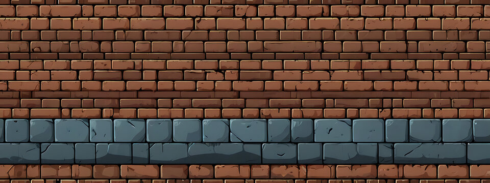 2D game level brick wall design, brick texture with simple details, platformer game element, brickwork concrete seamless background, wallpaper style, 