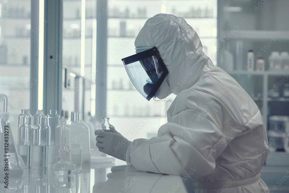 Poster a scientist in a white lab coat is wearing a mask and gloves while working with a bottle. concept of
