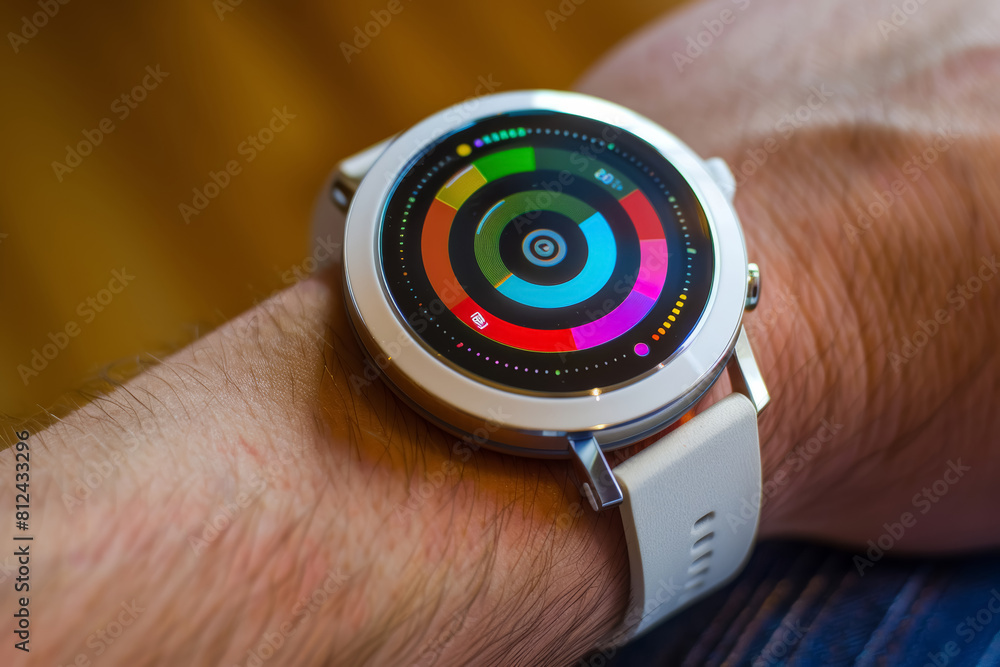 Poster close-up view of a fitness watch on a wrist displaying workout progress metrics