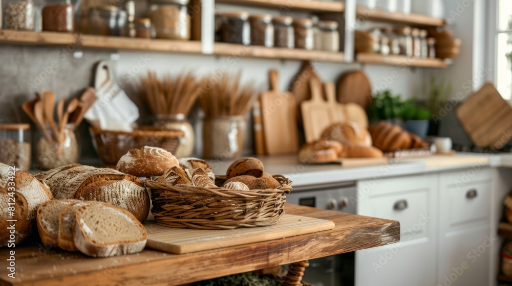 Poster a wooden table in a cozy kitchen is filled with an abundance of freshly baked bread, creating a warm