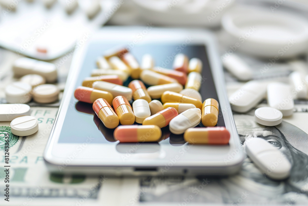 Poster a cell phone is covered in pills and a stack of one dollar bills. the pills are in various colors an