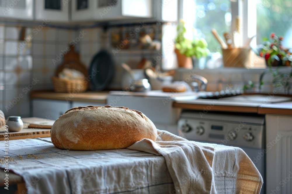 Poster A loaf of bread is displayed on a rustic table in a warm kitchen setting. Generative AI