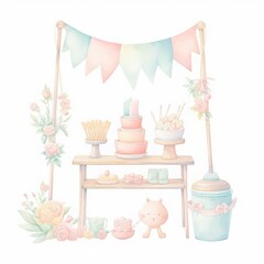 baby shower decorated in pastel colors with a sweets table - obrazy, fototapety, plakaty