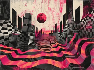 Surreal horror-themed abstract artwork in op-art style. - obrazy, fototapety, plakaty