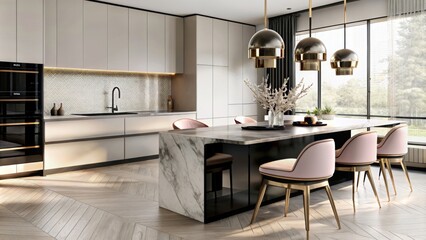 Modern kitchen interior design, luxury minimalist open concept with island and bar counter for dining area in the apartment or house, black wooden table top surface, neutral color palette with pink ac