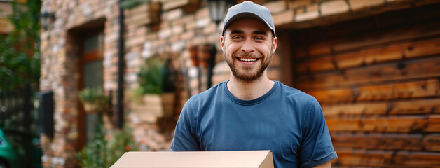 Delivery service banner photo with handsome boy with cute smile and wearing a cap, holding a closed unbranded pizza box and waiting for the customer at door step      