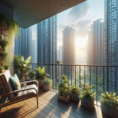 Balcony Oasis: Green Plants and Lounge Chairs Amidst Towering Buildings
