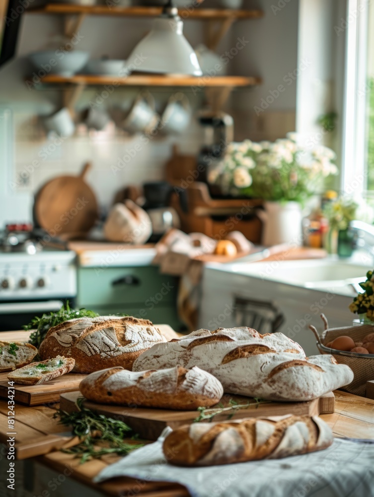 Poster a cozy kitchen filled with various types of freshly baked bread loaves and rolls, neatly arranged on