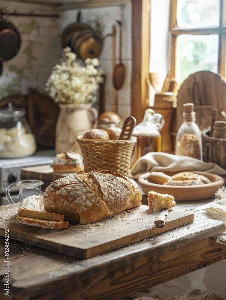 Poster a wooden cutting board holding a variety of homemade bread and other items, creating a cozy and invi