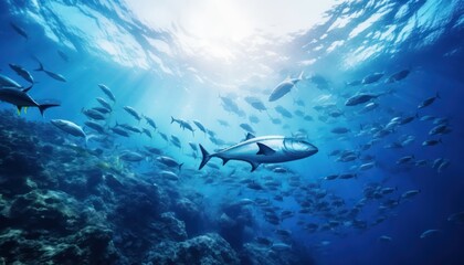 Obraz premium Groups of giant Tuna fish in the underwater, coral reef, amazing underwater life, various fish and exotic coral reefs, ocean wild creatures background