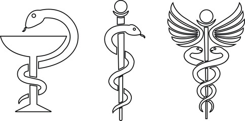 Set of Caduceus snake icons line Styles. Rod of Asclepius signs. Medical center, pharmacy, hospital with popular symbols of medicine. Medical health care logo editable stock on transparent background.