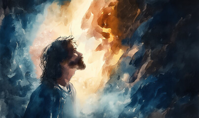 A Jesus Christ is in a cave and looking for ward of hopes and happiness with warm sun light into him.  Digital watercolor painting illustration