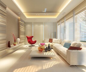 A spacious living room with a white sofa