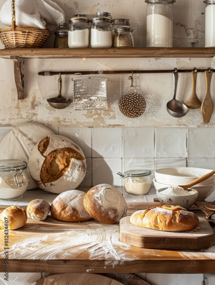 Poster a cozy kitchen counter overflowing with an assortment of freshly baked bread loaves, baguettes, and 