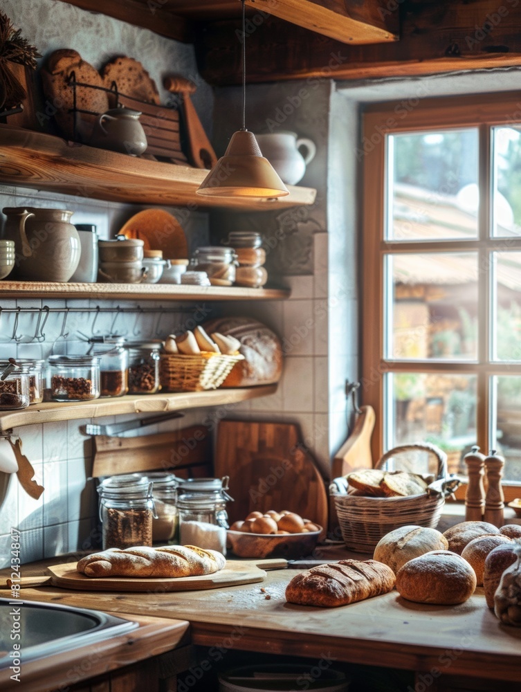 Poster a cozy kitchen filled with an abundance of various types of bread neatly arranged on the shelves. ge