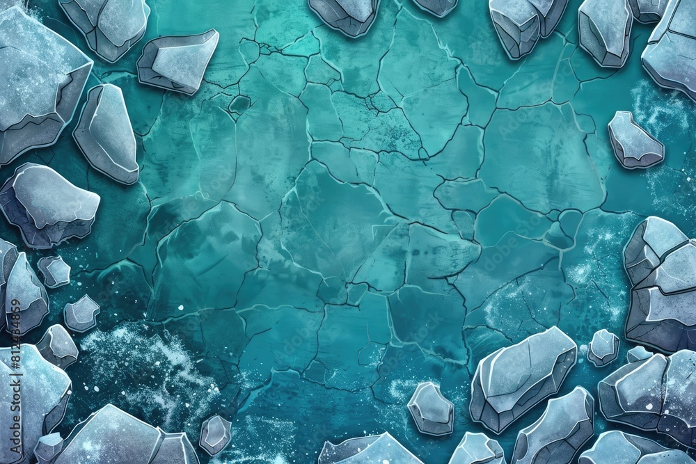 Aufkleber a blue background with rocks scattered around it. the rocks are of different sizes and shapes, and t