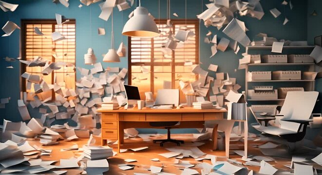 Realistic 3D minimalist office with scattered financial documents indicating bankruptcy,