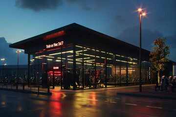 Modern Gym Exterior Illuminated at Night Offering 24/7 Access for Training
