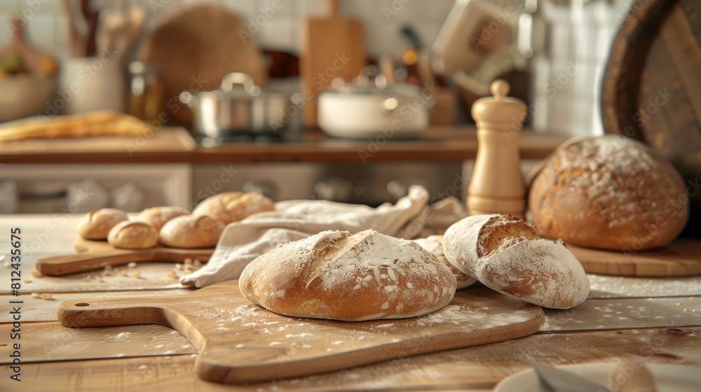 Poster freshly baked loaves of bread sit on a worn wooden table in a cozy kitchen, creating a warm and invi