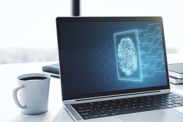 Modern computer screen with creative fingerprint hologram, personal biometric data concept. 3D...