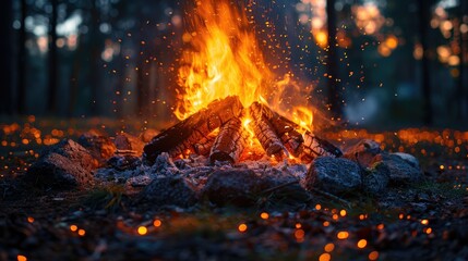 Campfire Burning Amidst Dense Forest