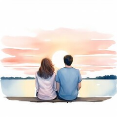 Fototapeta premium romantic illustration of a couple watching a sunset