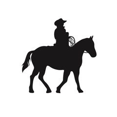 Cowboy Figure Silhouette with Lasso and Horse. Vector Illustration