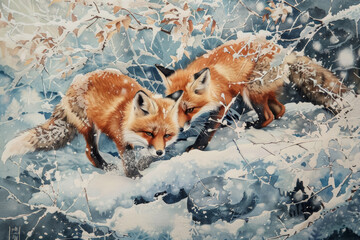 Naklejka premium Playful Red Fox Kits in a Winter Wonderland: Catching Snowflakes Amid Icy Scenery