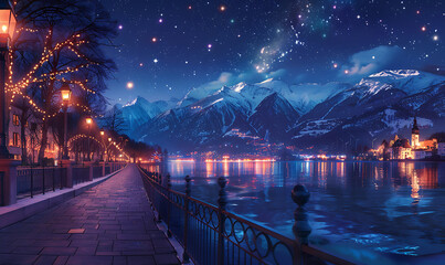 illiustration A Magical Night The Sidewalks Are Illuminated by City Lights, Against the Background of Mountains Decorated with a Starry Sky