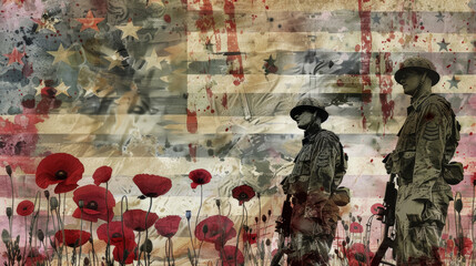 Memorial Day Tribute Banner Featuring Vintage and Modern Soldiers with Vibrant Poppies and American Flag