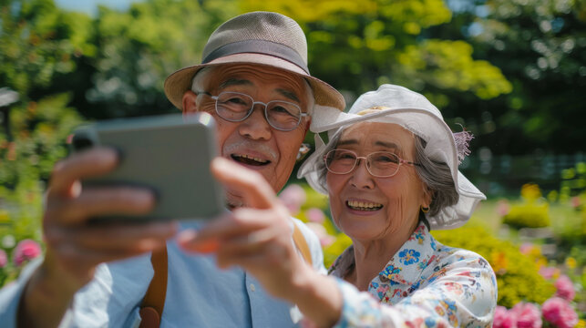 An elderly Japanese couple takes photos on a smartphone while walking on an excursion. Happy man and woman spending time together in a green park. Vacation concept.