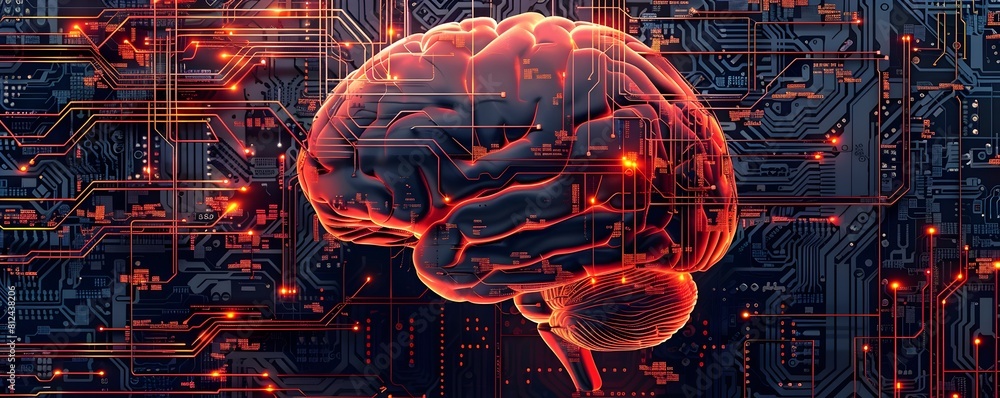 Poster the intricate neural network of the human brain visualized as a high tech circuit board concept