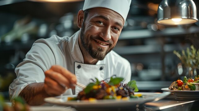 Chef Taking Delight in Perfectly Plated Gourmet Dish Showcasing Culinary Excellence and Satisfaction
