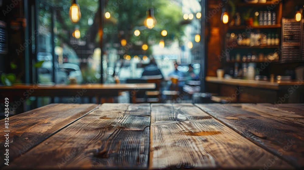 Poster Rustic Wooden Table in Blurred Italian Trattoria Background with Copy Space for Branding or Menu Display