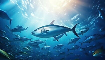 Groups of giant Tuna fish in the underwater, coral reef, amazing underwater life, various fish and exotic coral reefs, ocean wild creatures background
