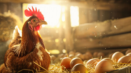 A domestic chicken lays eggs on a poultry farm in a wooden chicken coop. The hen is a hen on her eggs. Livestock concept.
