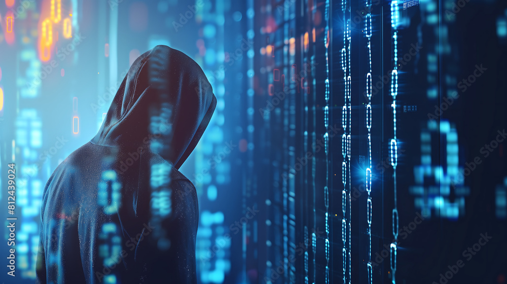 Poster a hooded hacker is silhouetted against a backdrop of glowing, multicolored digital code, symbolizing