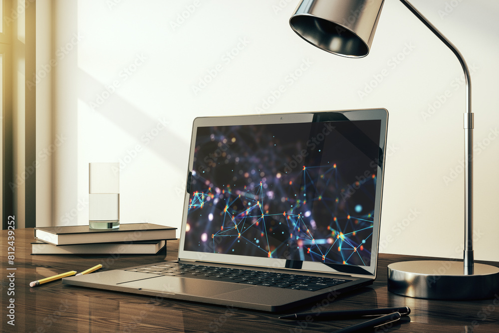 Poster Creative concept of wireless technology on modern laptop screen. Big data and database concept. 3D Rendering