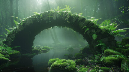 Moss-covered stone bridge in the heart of an ancient rainforest, surrounded by dense foliage, ferns...