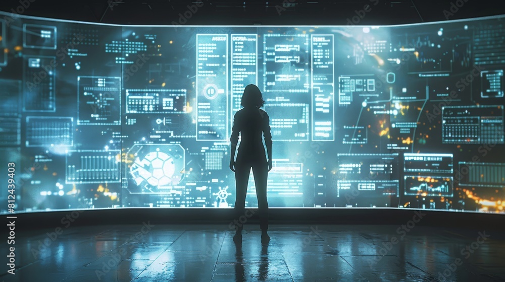 Poster a silhouette of a person standing in front of a giant digital screen with a flow of data showing var