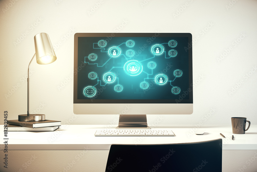 Aufkleber Modern computer display with social network icons concept. Networking concept. 3D Rendering
