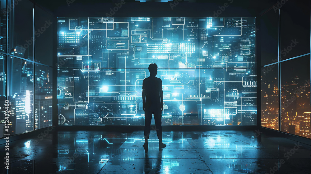 Poster A silhouette of a person standing in front of a giant digital screen with a flow of data showing various cyber threats and vulnerabilities, super detailed, real engine. Generative AI.