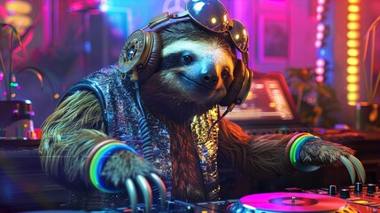 Fototapeta premium Anthropomorphic sloth DJ spinning records at a lively club scene. 3D illustration with vibrant disco lights. Music and entertainment concept. Design for poster, greeting card.