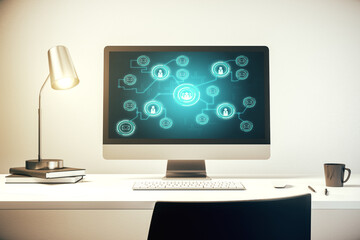 Modern computer display with social network icons concept. Networking concept. 3D Rendering
