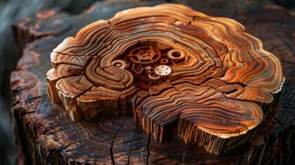 A stark graphic of a brain cutaway revealing layers of tree rings and tiny gears working within