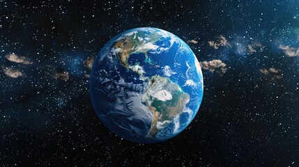Obraz premium A blue and white planet in the sky. The planet is surrounded by a lot of stars