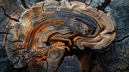 A stark graphic of a brain cutaway revealing layers of tree rings and tiny gears working within