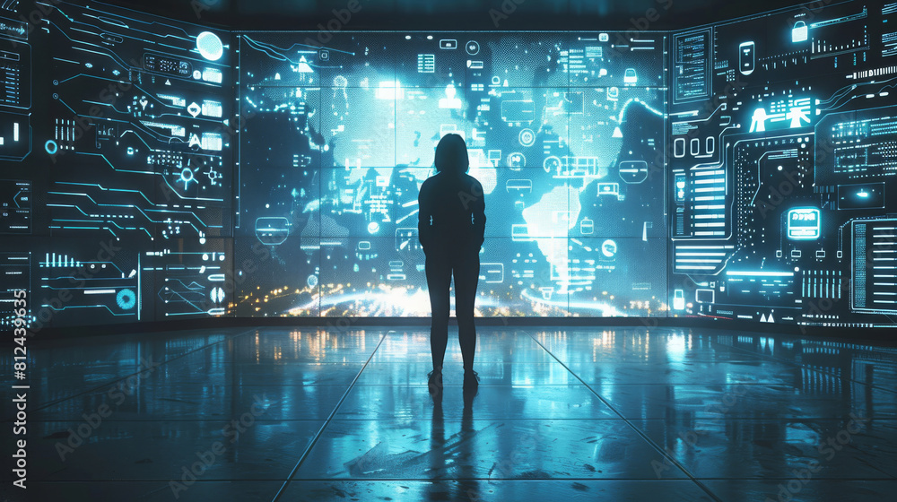 Poster a silhouette of a person standing in front of a giant digital screen with a flow of data showing var